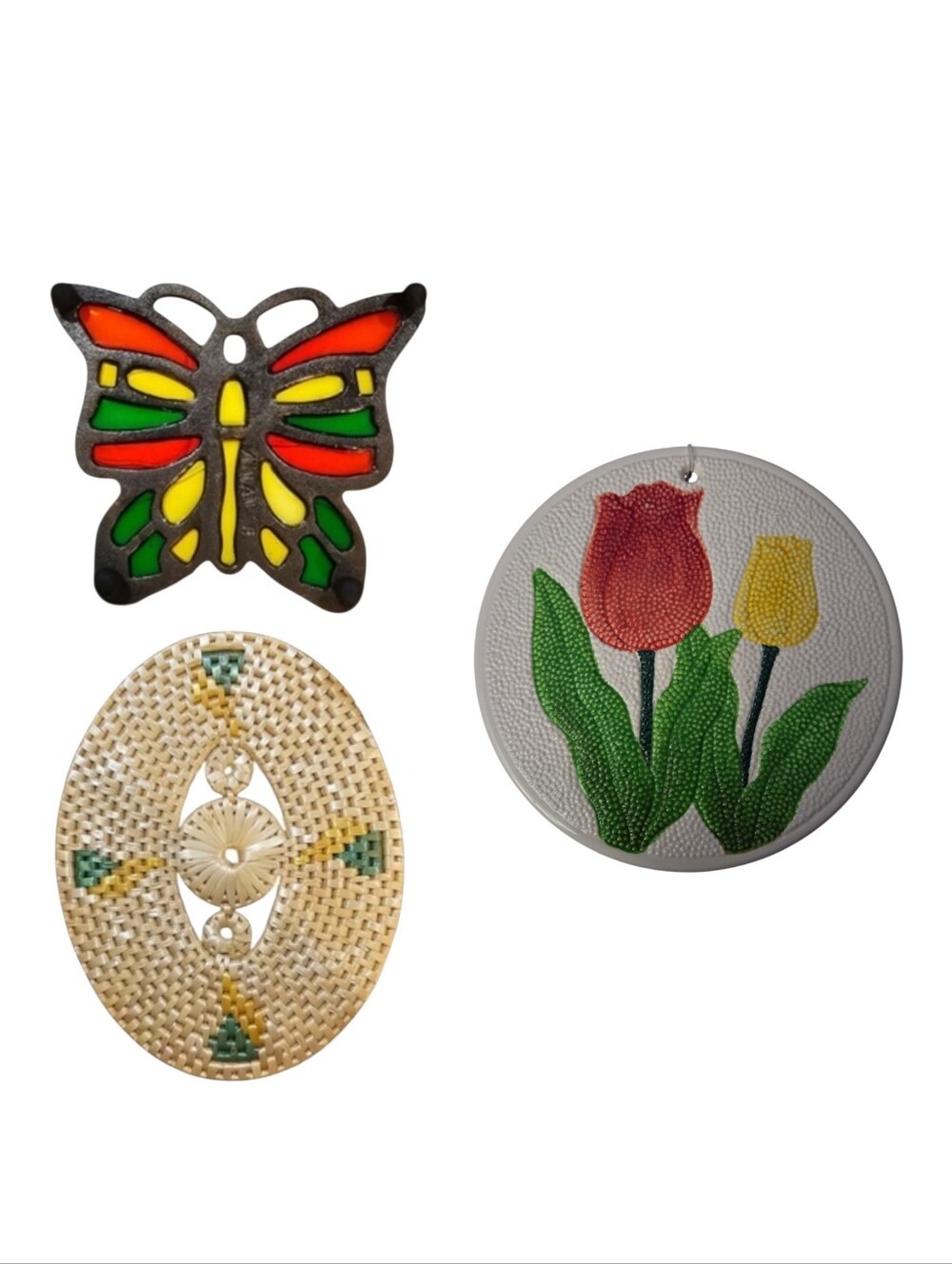 Vintage Set of 3 Iron & Acrylic Butterfly, Woven Oval Trivet & Cermaic Tulips